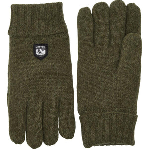 Olive green Hestra knitted wool gloves with ribbed cuffs