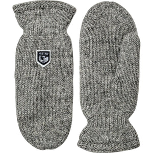 Hestra grey wool knit mittens with brand logo patch