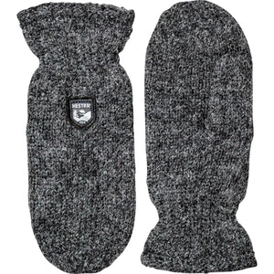 Hestra charcoal grey wool mittens with brand logo patch