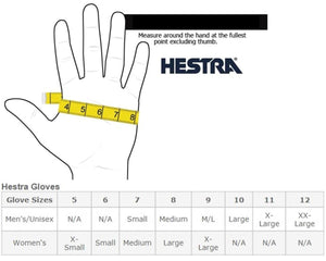Hestra glove size chart showing how to measure hand circumference for men and women