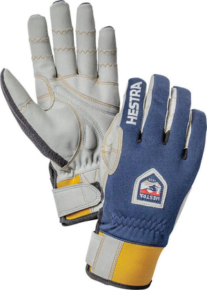 Hestra navy and grey leather gloves with yellow cuff detail