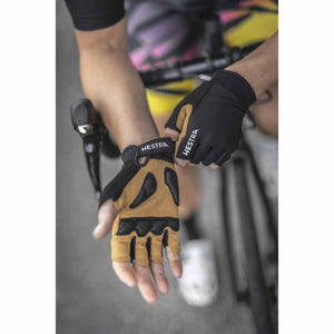 Hestra fingerless cycling gloves with tan palms and black accents