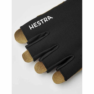 Hestra fingerless glove with black fabric and tan suede fingertips