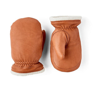 Hestra tan leather mittens with white fleece lining