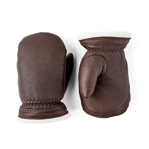 Hestra brown leather mittens with white fleece lining