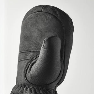 Hestra black leather mitten showing thumb detail