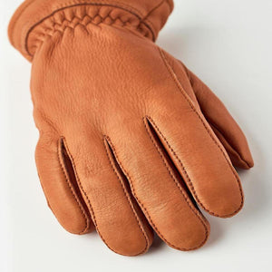 Tan leather glove with stitched detailing and elastic wrist