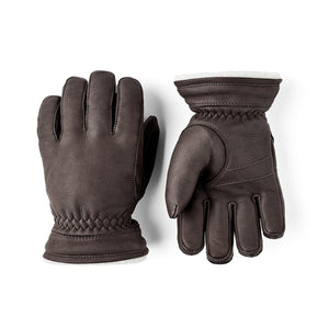 Brown leather gloves with white fleece lining