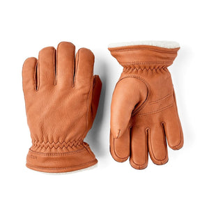 Hestra tan leather gloves with white fleece lining