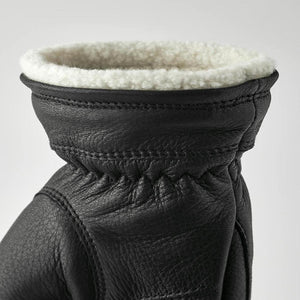 Hestra black leather mitten with white fleece lining
