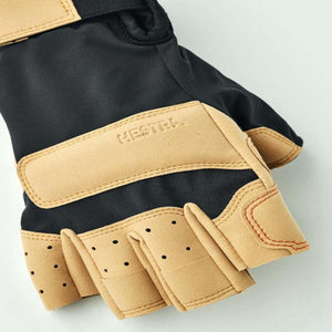 Hestra fingerless glove with black fabric and tan leather palm and knuckle reinforcement
