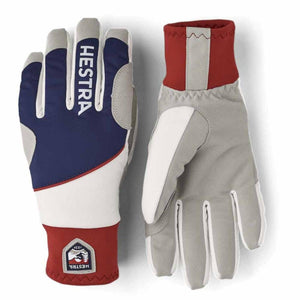 Hestra multi-colored athletic gloves with red cuffs and blue and white panels