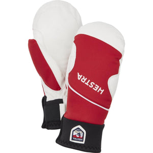 Hestra white and red winter mittens with black cuffs and Hestra logo