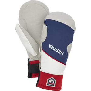Hestra tricolor mittens with grey palms and blue white and red cuffs