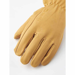 Hestra tan leather work glove with embossed logo