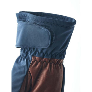 Hestra blue glove cuff with brown leather palm and velcro strap