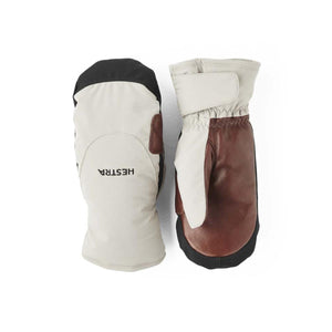 Hestra beige and brown leather mittens with black trim