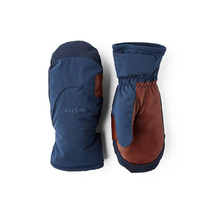 Hestra blue and brown leather winter mittens
