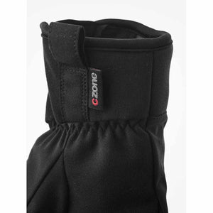 Close up of black Hestra glove cuff with CZone logo tag