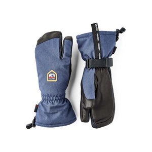 Hestra blue and black three-finger ski mittens with adjustable wrist straps