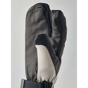 Hestra black leather three finger ski mitten with grey palm detail