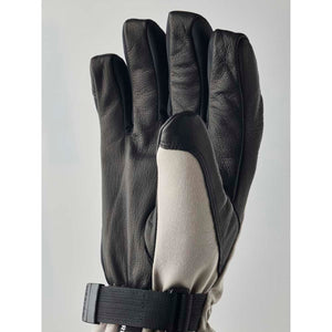 Hestra black leather and grey fabric ski glove with adjustable wrist strap