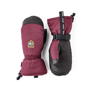 Hestra burgundy and black winter mittens with adjustable wrist straps