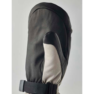 Black and grey leather Hestra mitten with adjustable wrist strap
