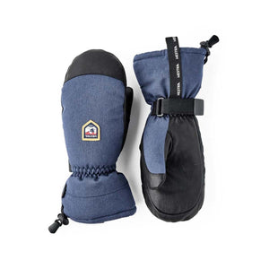 Hestra blue and black insulated winter mittens with adjustable wrist strap and logo patch