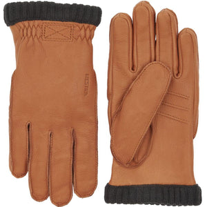 Hestra tan leather gloves with dark grey ribbed cuffs