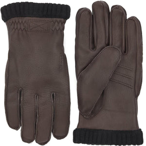 Hestra brown leather gloves with black ribbed knit cuffs
