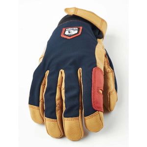 Hestra navy and tan leather glove with red accent patch and logo