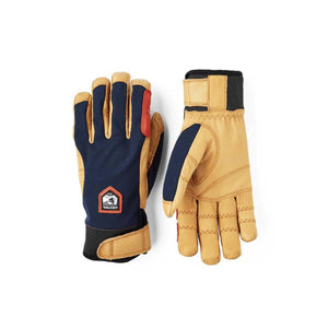 Hestra navy and tan leather gloves with velcro wrist straps