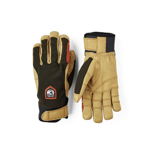 Hestra tan and black leather gloves with adjustable wrist straps