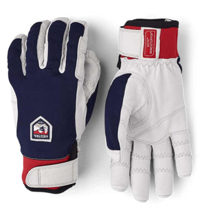 Hestra navy and white leather gloves with Gore Windstopper branding