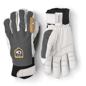 Hestra grey and white leather gloves with Gore-Tex Infinium branding