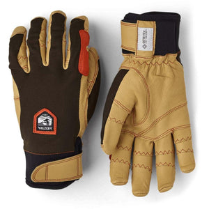 Hestra brown and tan leather gloves with Gore-Tex Infinium branding