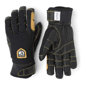 Hestra black leather and fabric gloves with yellow stitching and Gore-Tex Infinium branding