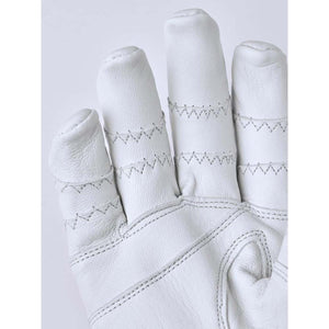 Close up of white Hestra leather glove fingers with zigzag stitching