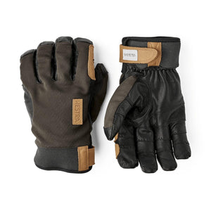 Hestra black and brown leather gloves with Gore-Tex Infinium branding