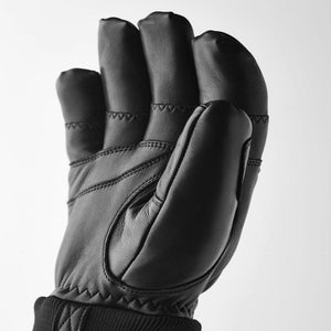 Black leather three finger ski glove with reinforced palm and stitched detailing