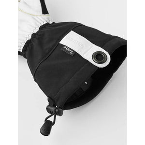 Hestra glove cuff with black fabric and white leather trim featuring HDry logo and adjustable drawstring