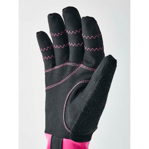 Black work glove with pink zigzag stitching and pink cuff