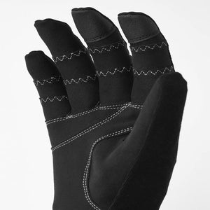 Black athletic glove with white zigzag stitching on fingers and palm
