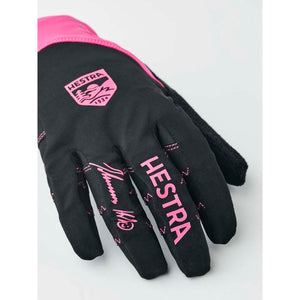Black Hestra glove with pink logo and signature detail