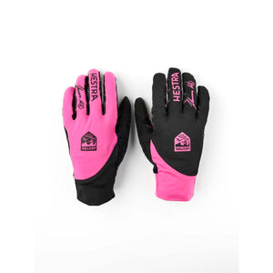 Hestra pink and black athletic gloves with logo branding