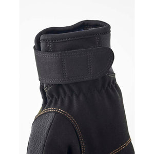 Black work glove wrist cuff with adjustable hook and loop strap