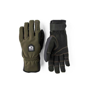 Hestra olive green and black outdoor gloves with velcro wrist straps