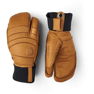 Hestra tan leather three finger ski gloves with black cuffs