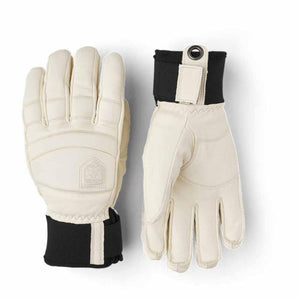 Hestra off-white leather ski gloves with black cuffs